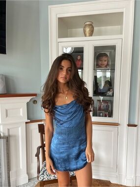x REVOLVE Aubrey Slip Dress: House of Harlowe Blue Satin Cowl Neck Mini Dress